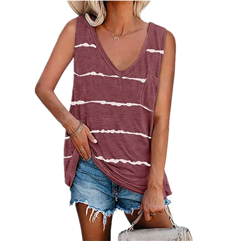 

2021 New Women T-shirt vest Printed stripe Loose and comfortable T-shirt vest Breathable and comfortable Printed striped vest