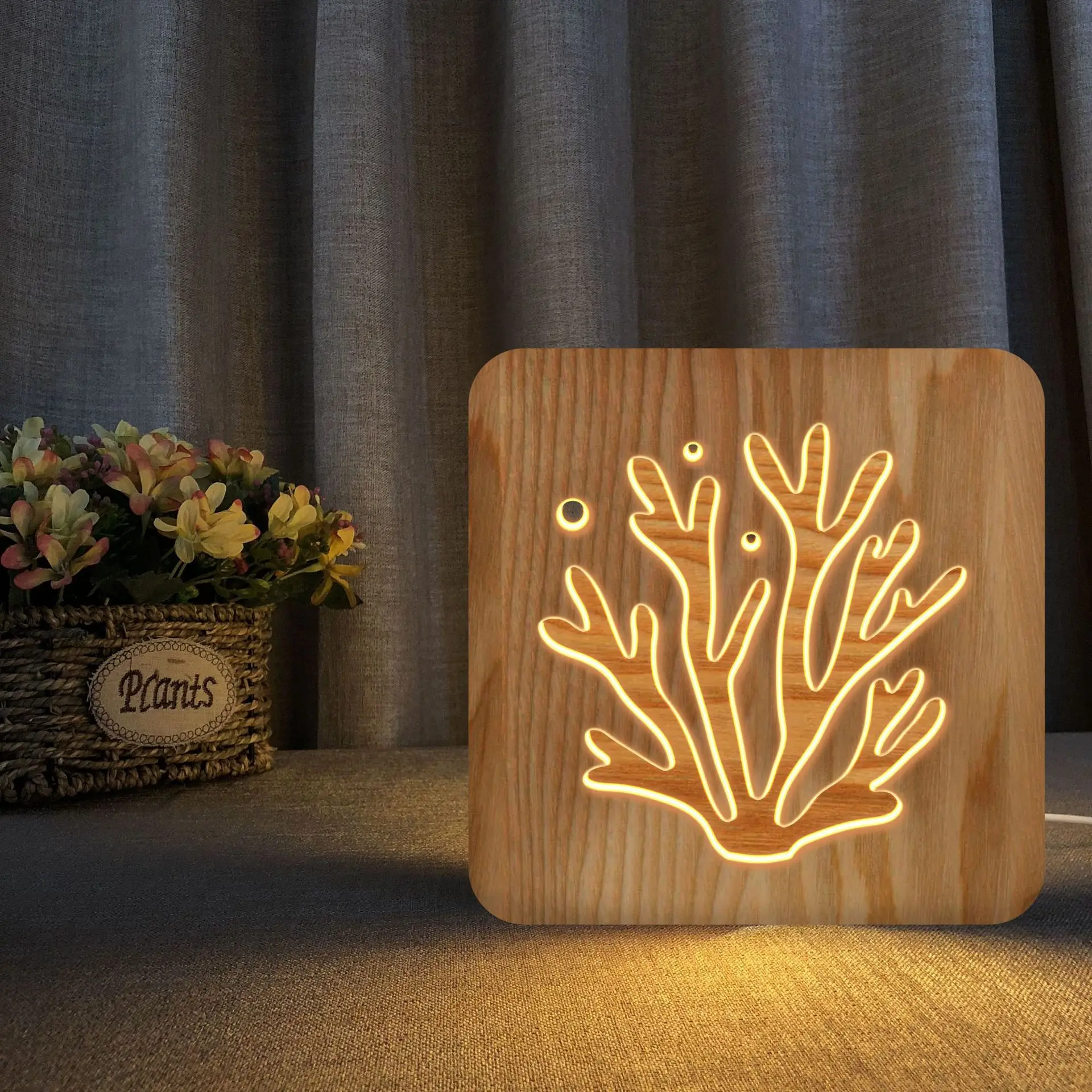 

Coral Modelling 3d Led Wooden Night Lights Usb Warm Light Table Lamp Creative Gift for Kids Home Bedroom Decor Baby Sleep Lamps