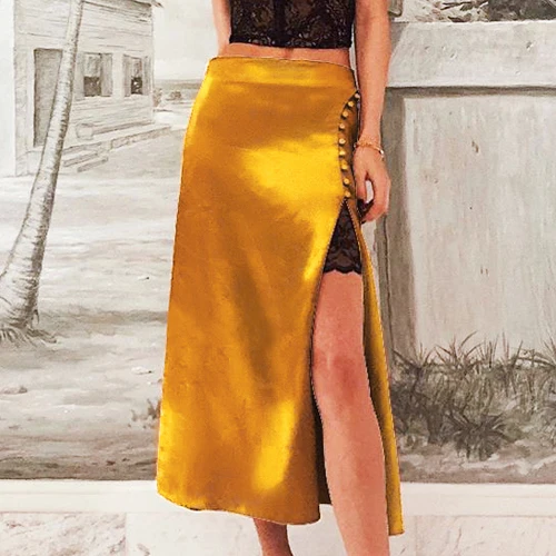 Gold OOTN элегантная Золотая сатиновая Летняя женская юбка с разрезом, высокая талия, длинные юбки для дам, весна, повседневные шелковые юбки для женщин с пуговицами - Цвет: Gold