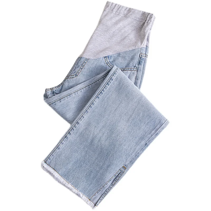 

8885# Spring Denim Maternity Full Long Jeans Adjustable Belly Straight Pants Clothes for Pregnant Women Wide Leg Split Pregnancy