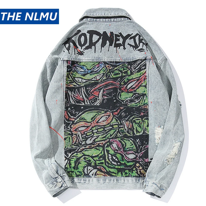 

Hip Hop Vuntage Denim Jackets Men Streetwear 2019 Fashion Hole Jeans Coat Autumn Streetwear Blue Black Jeans Jackets Male HZ171