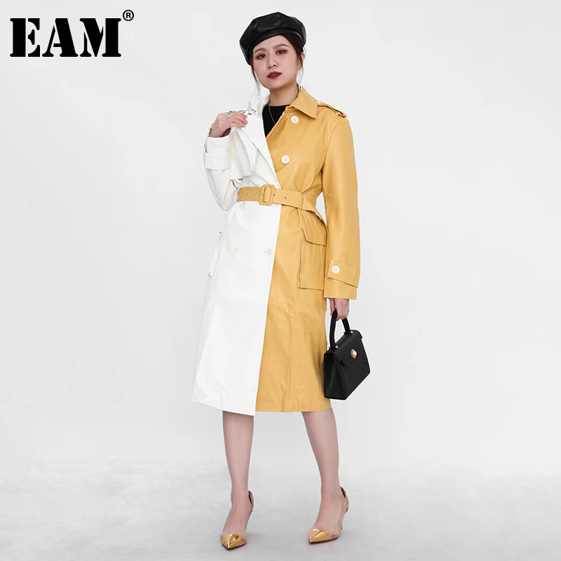 

[EAM] Женский Тренч из искусственной кожи с поясом, цвет-блок, новинка, свободная ветровка с отворотом и длинным рукавом, мода весна-осень 2022, ...
