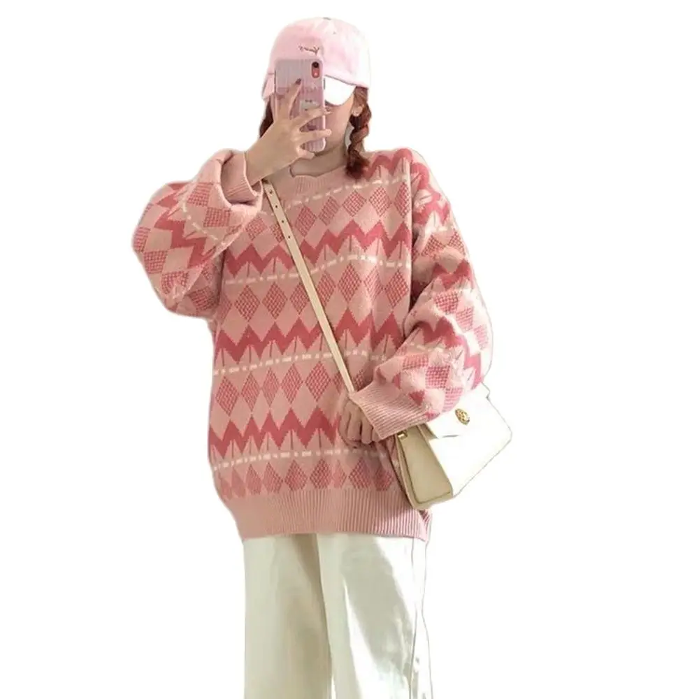 

Vintage Argyle Knit Pullover Sweater Korean Fashion Oversized Long Sleeve Clothing Schoolgirl Spring and Autumn Tops