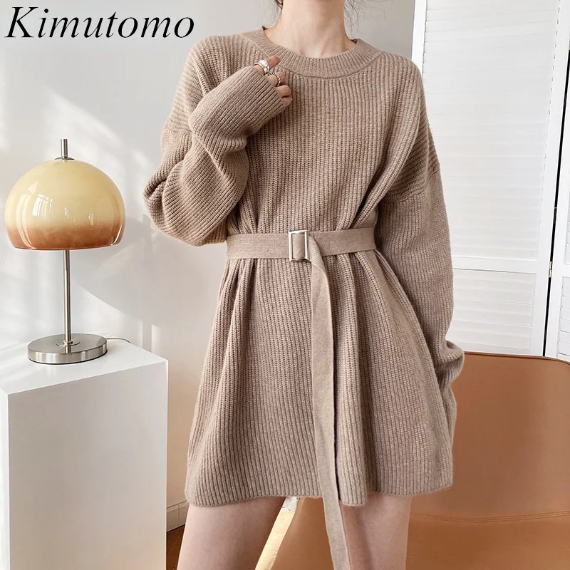 

Kimutomo Chic Knitting Dresses Woman 2021 Autumn New Korean Ins O-neck Long Sleeve Belt Gentle Versatile Long Sweater Dress Tide