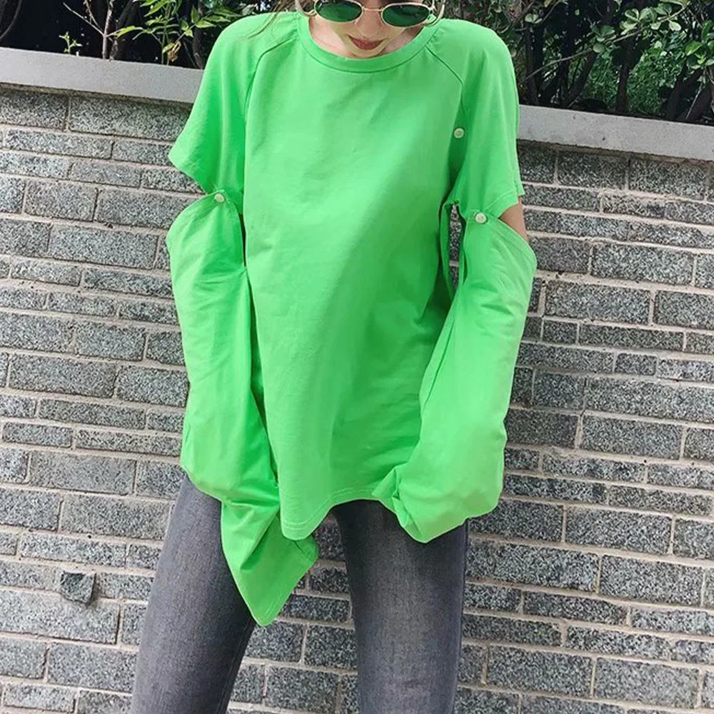 

DiYiG WOMAN 2021 early autumn new women's fresh young round neck long sleeve removable green T-shirt shirt