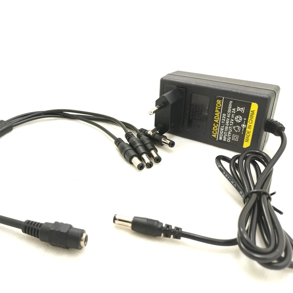 JIENUO Power Adapter DC 12V 2A EU/US Plug AC/DC Supply 4 Split Cable for CCTV Camera DVR NVR IP AHD TVI CVI Analog | Безопасность и