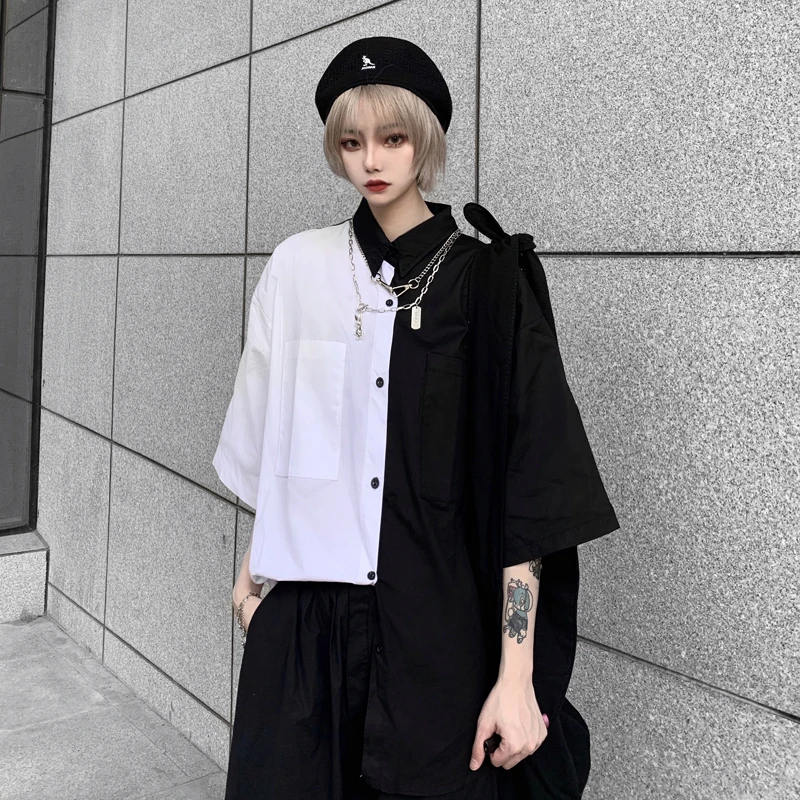 Черно белая футболка на пуговицах для мужчин и женщин хлопковая Футболка в