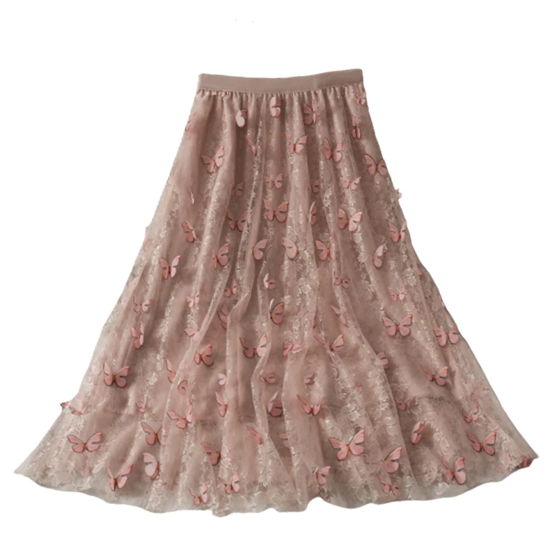 

Kimutomo Sweet Girls Skirts Spring Autumn New Fashion Female Three-dimensional Butterfly High Waist Kawaii Mid Length Skirt