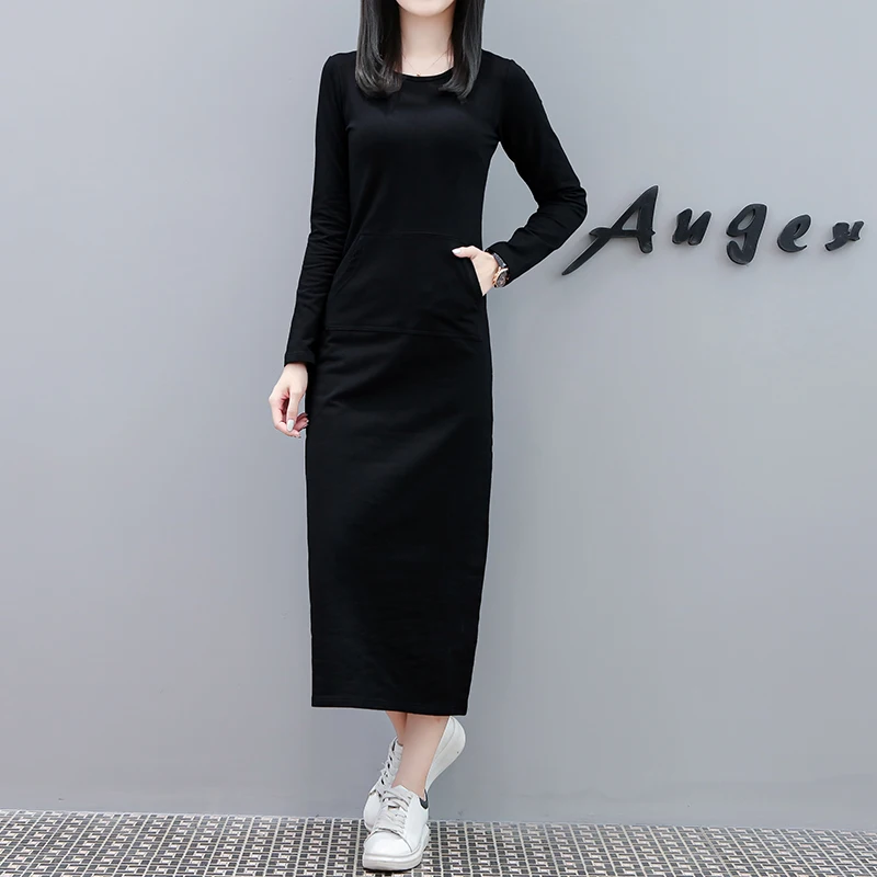 

Осенние Хлопковые Платья женские с длинным рукавом o-образным вырезом прямые повседневные женские платья однотонные до щиколотки черные же...