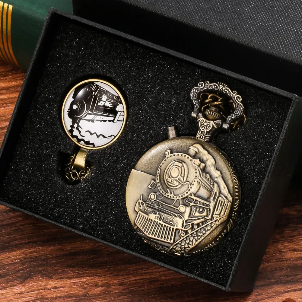 Pocket Watch Vintage LED Luminous Retro Quartz Pocket Watch Bronze Train FOB Watch Pedent Chain Luxury Clock Gift Set for Men