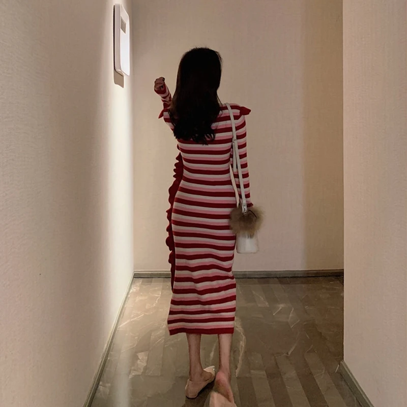 

Elegant Slim Women Red Stripes Dress 2021 New Autumn And Winter O-Neck Long Sleeve Thicken Warm Knitwear Fashion Casual