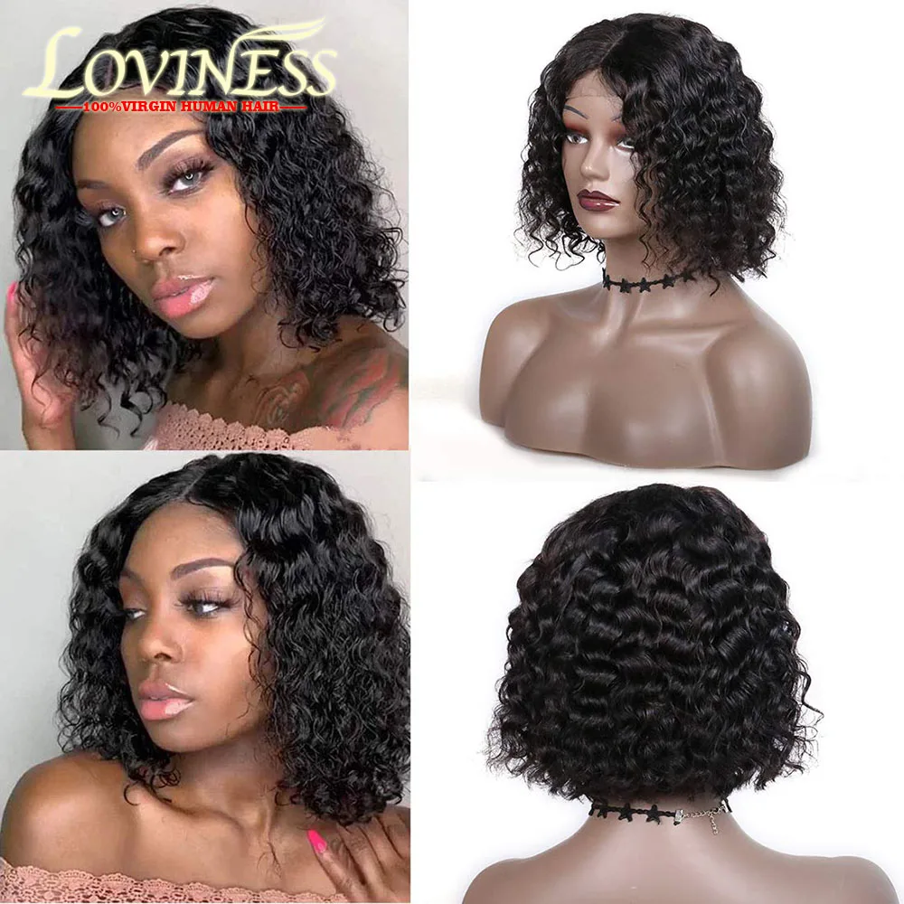 Black Water Wave Bob Wig Short Curly 13x1 Middle T Part Lace Front Human Hair Wig Glueless Curly Bob Wig With Baby Hair LOVINESS