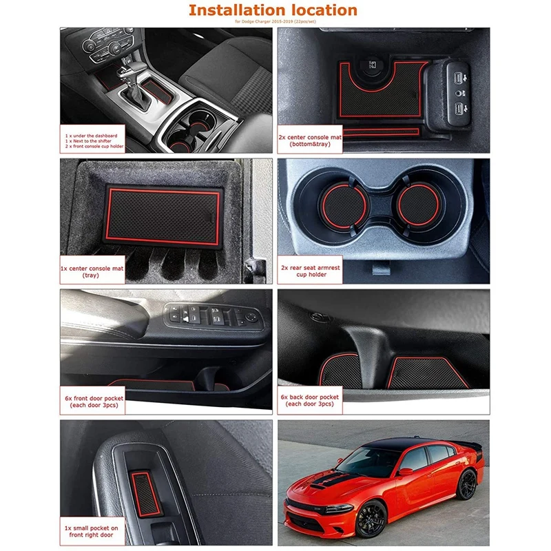 

22PCS for Dodge Charger 2015-2021 Accessories Door Pocket Pad, Cup Holder Insert,Center Console Shifter Liner Mat