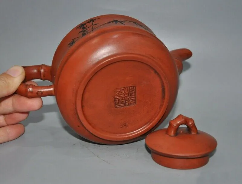 

wedding decoration Old Chinese Yixing Zisha Pottery carved bamboo calligraphy Teapot pot Tea maker