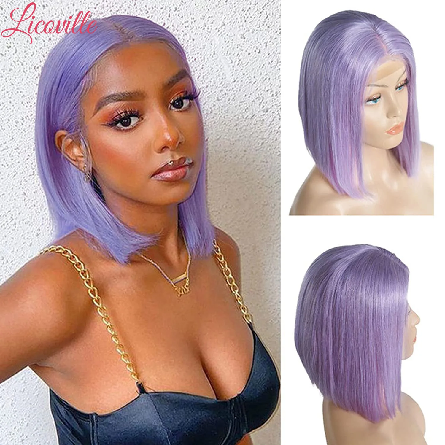 

Purple Human Hair Wig Colored Non Lace Front Wigs Straight Full Machine Made Bob Wigs for Black Women 180 Density Licoville