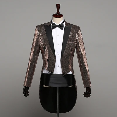 Модный смокинг серебристого золотого красного цвета с блестками пальто