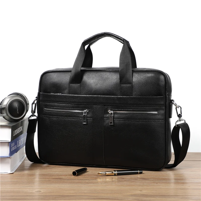 

Nesitu New A4 Black 100% Genuine Leather 14'' Laptop Office Men Briefcase Portfolio Business Shoulder Messenger Bags M6001