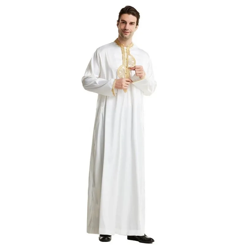 Muslim Men Emobroidery Thawb Thobe Dishdasha UAE Kandourah Saudi Arabia Traditional Costumes Islamic Clothing Modest Robe Jubba |