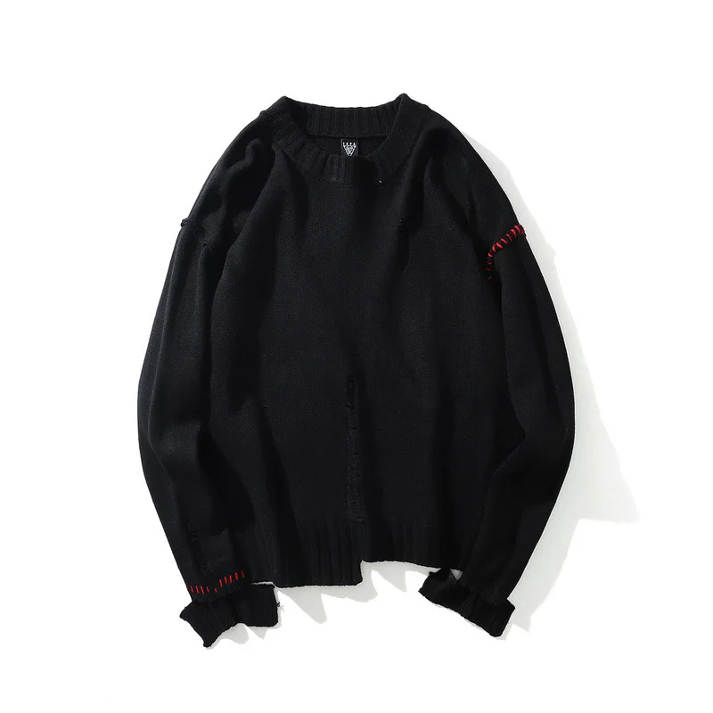 

Europe and the United States high street dark line irregular hem contrast stitching hole sweater autumn and winter men's sweater