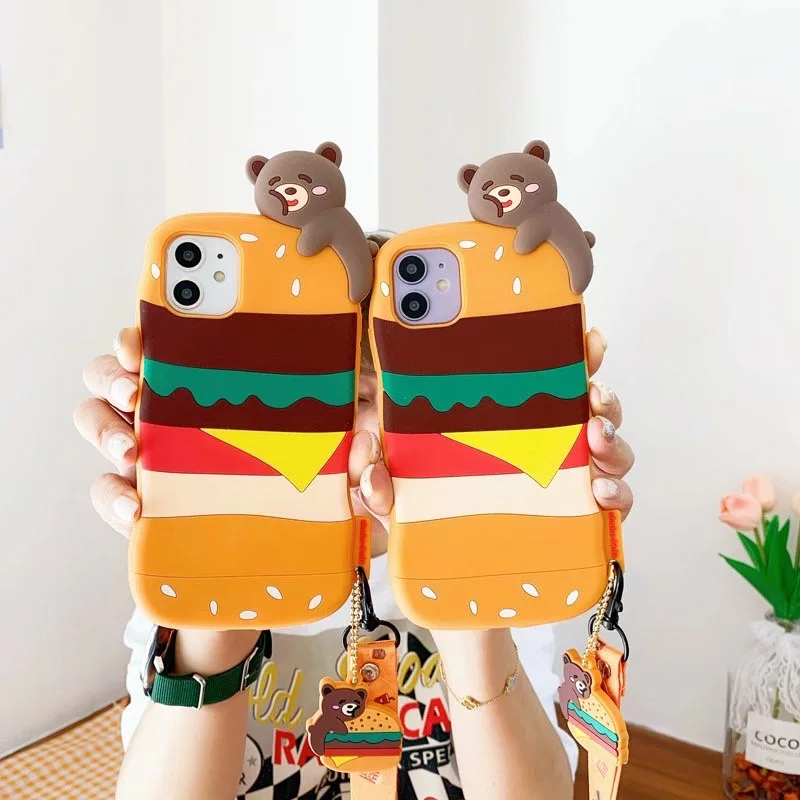 

Cute Cartoon 3D Doll Toy Greedy Hamburger Bear + Lanyard Soft Cover for Iphone 12Mini 11Pro MAX XR XS SE2 7 8plus X Phone Case