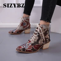 lace up warm boots women pointed toe flower boots microfiber leather ankle boots women botines luxury botas mujer comfortable