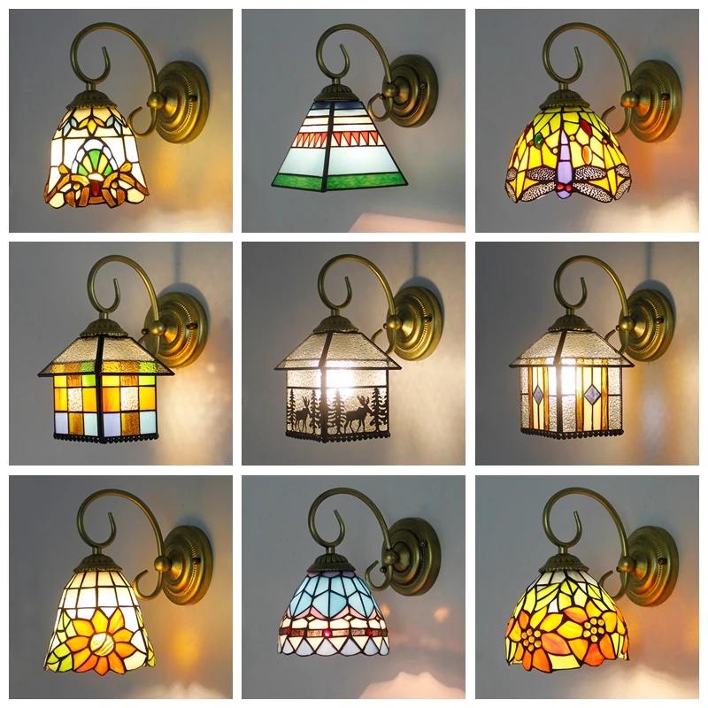 Tiffany Wall Lamp Stained Glass Mediterranean Bedroom Bedside Lighting Decoration Lamps Warm Color American Retro Nostalgic