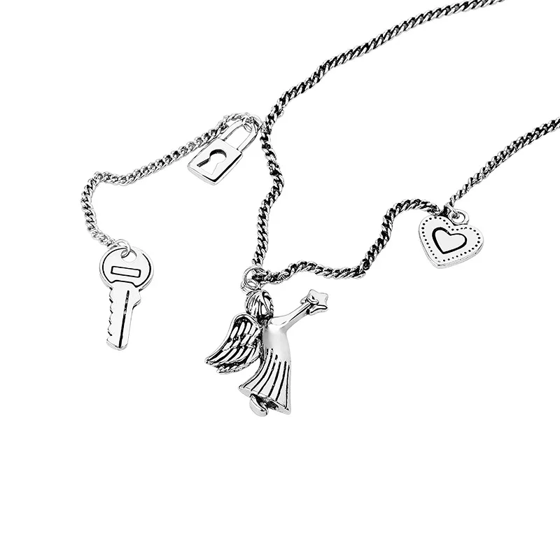

925 Sterling Silver Vintage Angel Love Key Necklace For Women Original Handmade Rock Hip Hop Style Female Student Gift Jewelry