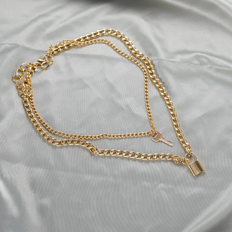 

Hip Hop Double Layer Key Lock Necklace Punk Rock Gold Link Chain Padlock Pendant Necklaces Choker Women Men Fashion Jewelry Gift