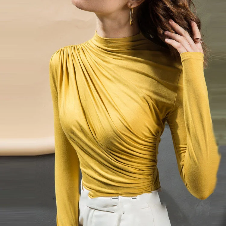 

Блузка женская плиссированная с длинным рукавом, Приталенный топ с высоким воротником, одежда на осень