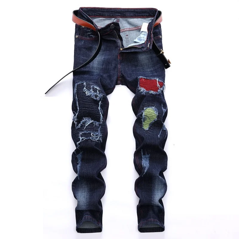 

#1352 Motocycle Men's Jeans Patchwork Pleated Skinny Stretch Denim Ripped Jeans For Men Straight Distressed Denim Joggers Slim