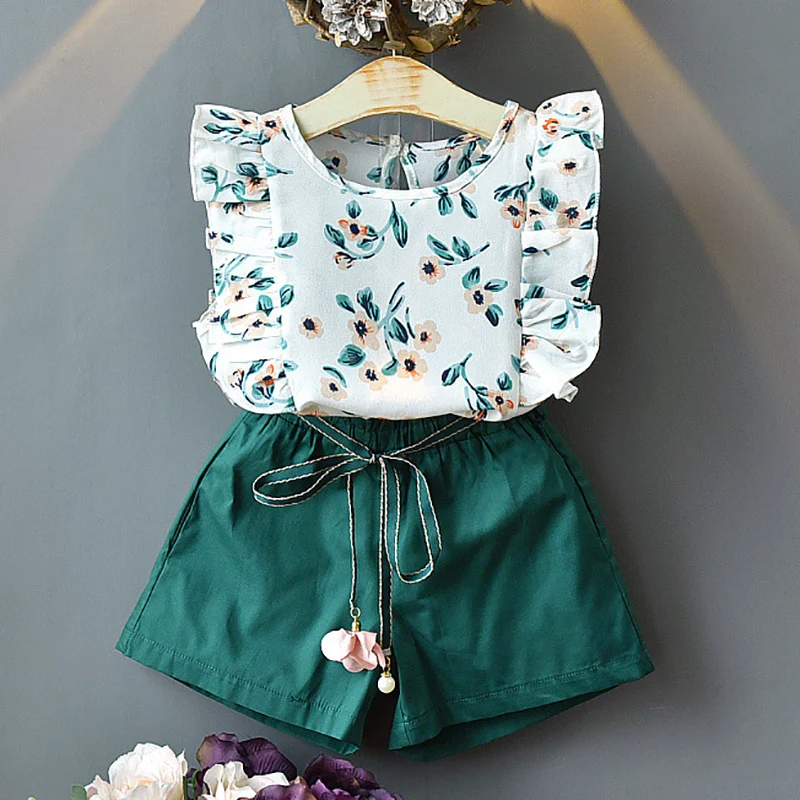 Комплекты для девочек летняя детская футболка без рукавов с цветочным рисунком +