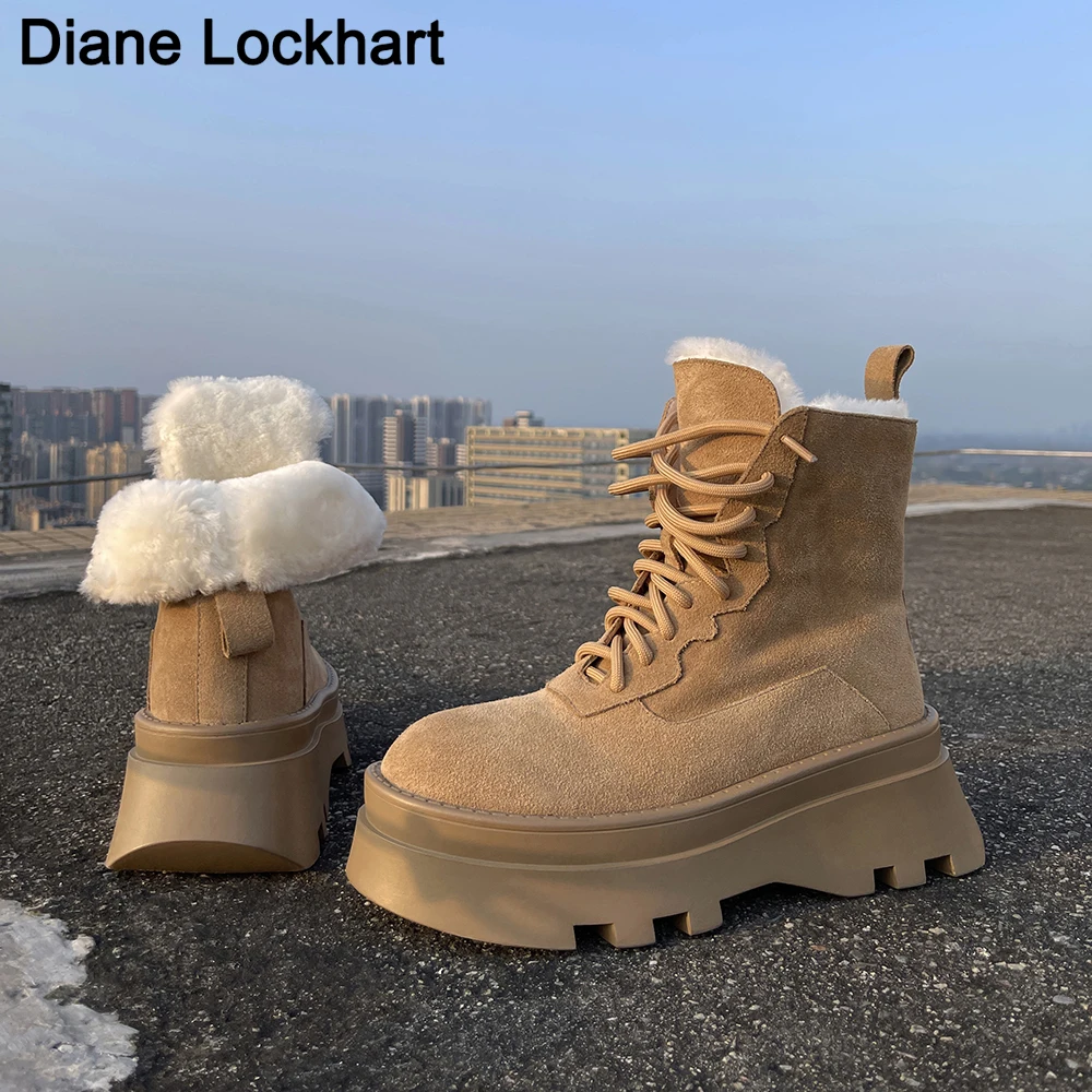 

Casual Women's Platform Lace Up Snow Boots Winter Suede Ankle Boots Fashion Lace Up Wool Keep Warm Women Bottes Handmade 33 40