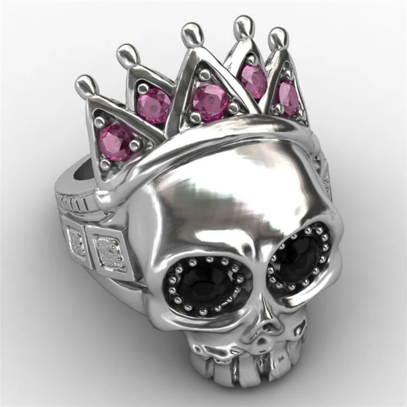 

Fashion personality inlaid with pink diamond crown Skull Ring men's and women's alloy skull jewelry
