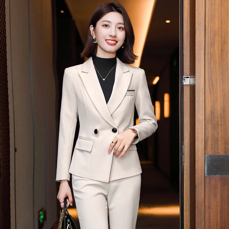 

white autumn winter new women's suit pants suit office pants professional jacket and Pants Set2 piece set pant suits for women