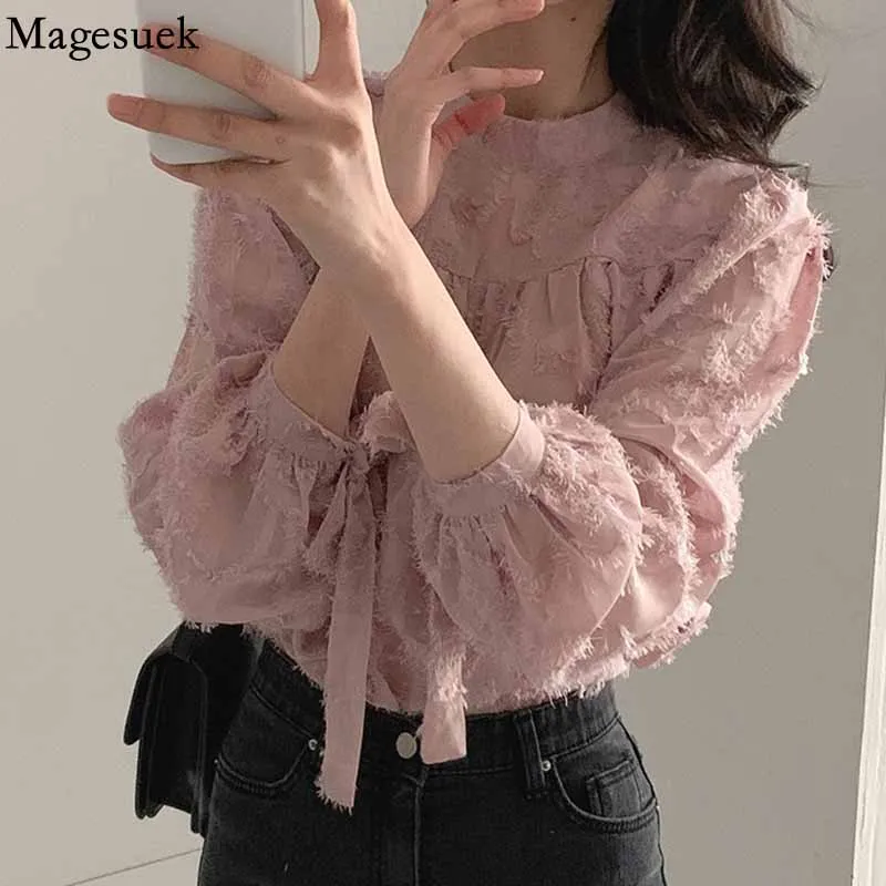 

Autumn Long Sleeve Women's Blouse Chic Tassel Stitching Elegant Loose Shirts Stand Collar Lace-up Tie Vintage Shirt Tops 16436