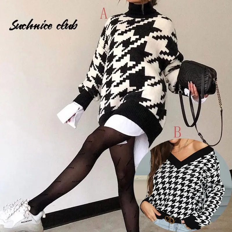 

Women Jersey Paw Houndstooth Print Sweater Fashion Winter Turtleneck Jerseys Sweaters Autumn Lady Long Retro Party Sweater