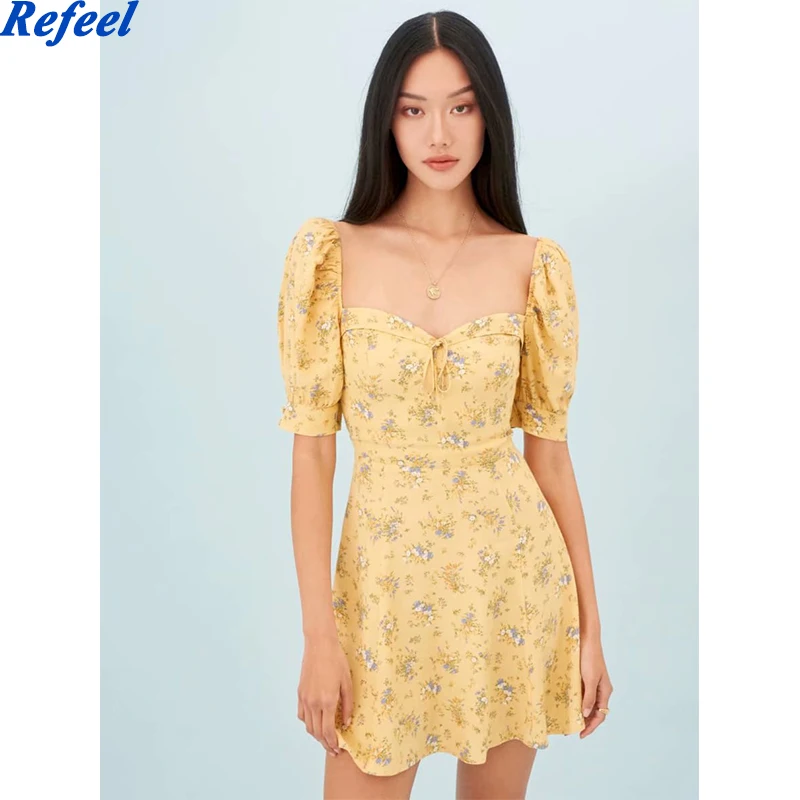 

Fashion Short Sleeve Party women dress Vintage Floral Print Yellow Summer Dress Sexy Center Bow vestido