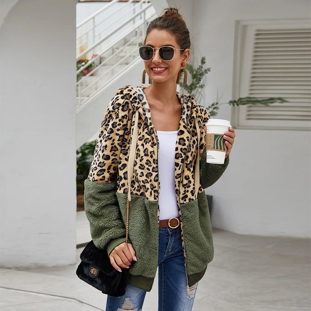 

women's autumn winter zipper coat velvet hooded sexy leopard print patchwork cool warm outer jackets for ladies high street coat