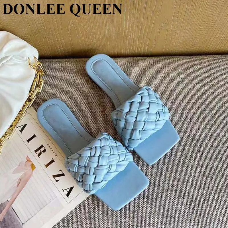 

2021 New Brand Square Toe Flat Slippers Women Fashion Weave Slides Casual Beach Flip Flops Candy Color Sandals Comfortable Shoes