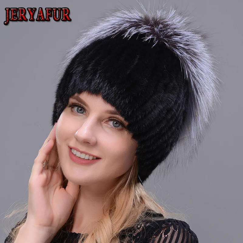 

New Style Hot Sale Winter Warm Real Mink Fur Cap For Women Natural Mink Hats Vertical Weaving With Fluffy Fox Fur On The Top