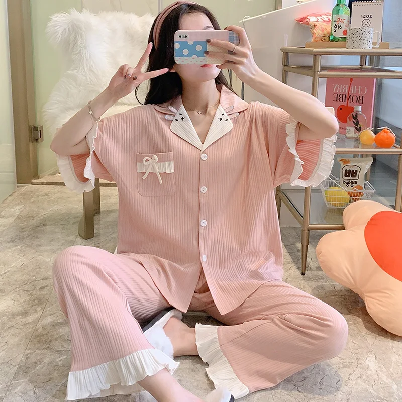 

Cardigan Pajamas Women's Summer Short Sleeve Trousers Thin Cotton Suit Loose Sweet Cute Pink Rabbit Home Wear Spring and Autumn
