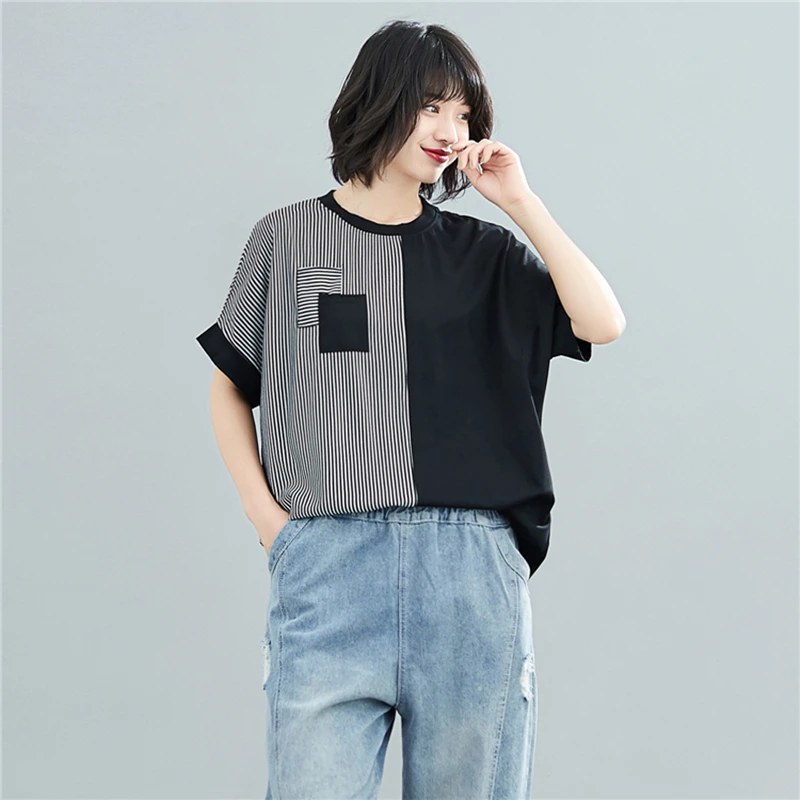 Полосатая Лоскутная футболка хлопковая с коротким рукавом летняя женская