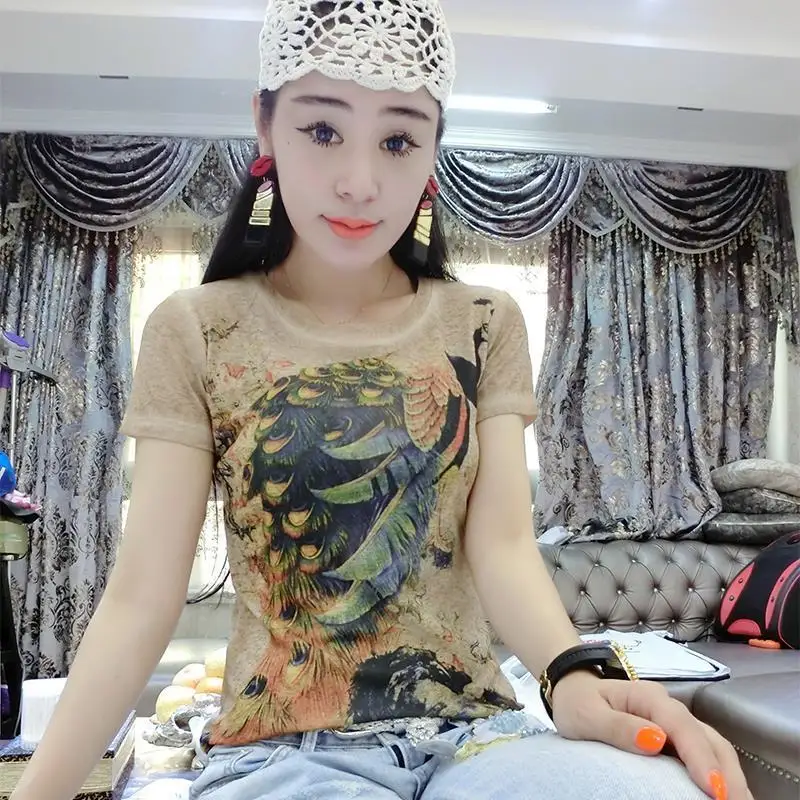 

Short sleeve printed T-shirt women's elastic base Shirt New Style slim top in spring and summer