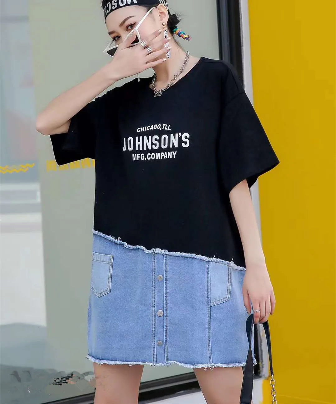 

Women Cotton Vintage T-Shirts Jean Patchwork O-Neck Short Sleeve 2021 Summer New Black Loose Female Long Top Tees Harajuku XC505