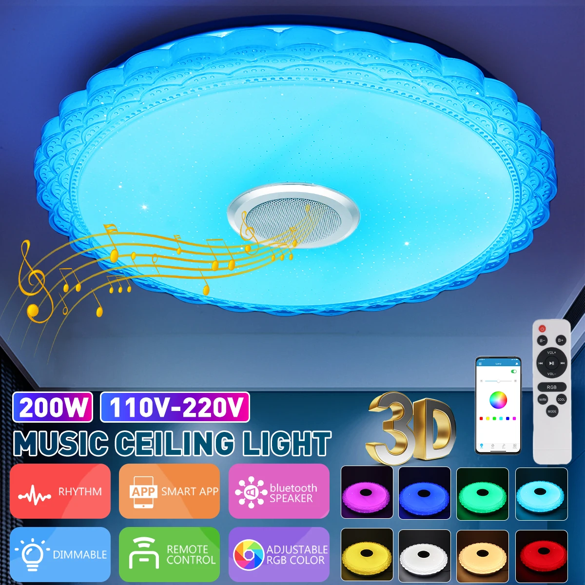

200W 100-240V RGB LED Ceiling Lights Home Lighting APP bluetooth Music Light Bedroom Lamp Smart Ceiling Lamp+Remote Control