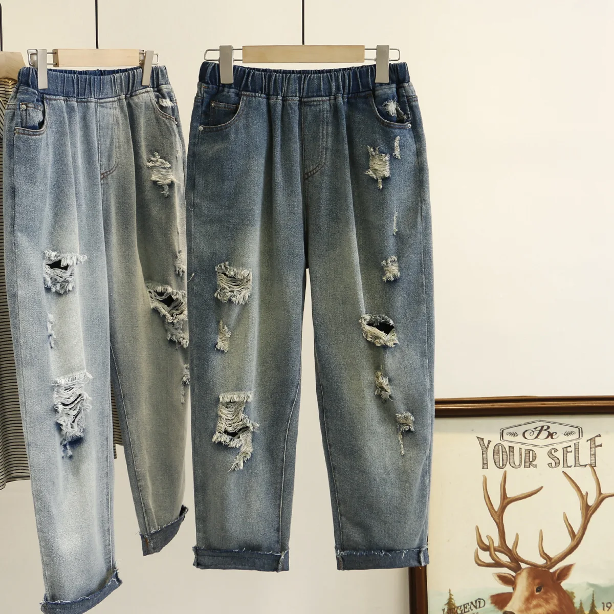 Женские весенние джинсы дамские шаровары женские рваные джинсовые брюки размера