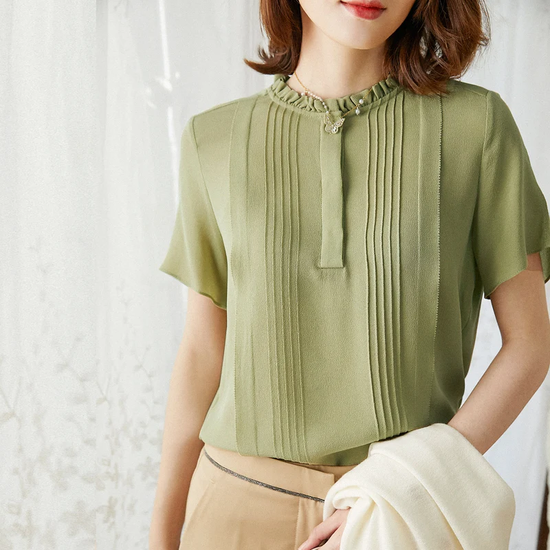 

New ghost crepe silk blouse dress loose mulberry silk shirt red bean and green shirt with short sleeves OL temperament