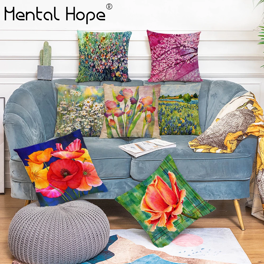 

Flower Print Linen Cotton Cushion Cover Plant Pattern Decorative Throw Pillow Cover Home Decor Living Room Square Pillowcase