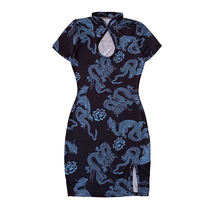 

National tide style ins dark high collar waist cheongsam skirt temperament wild split short skirt sexy temperament dress