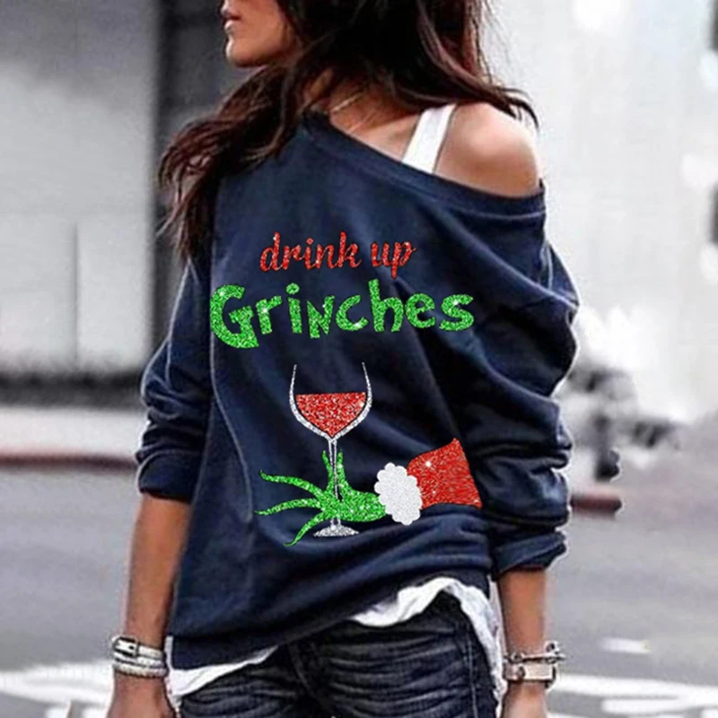 

Christmas Long Sleeve One-shouldered Sweatshirt Loose Fit Letter Printed Round Neck Women Sweatshirt Top ALS88